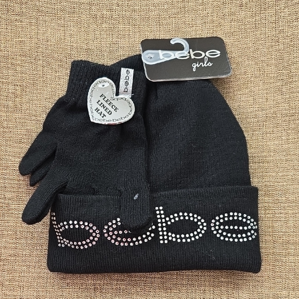 🎄NWT🎄Bebe Girls Black Rhinestone Hat and Gloves